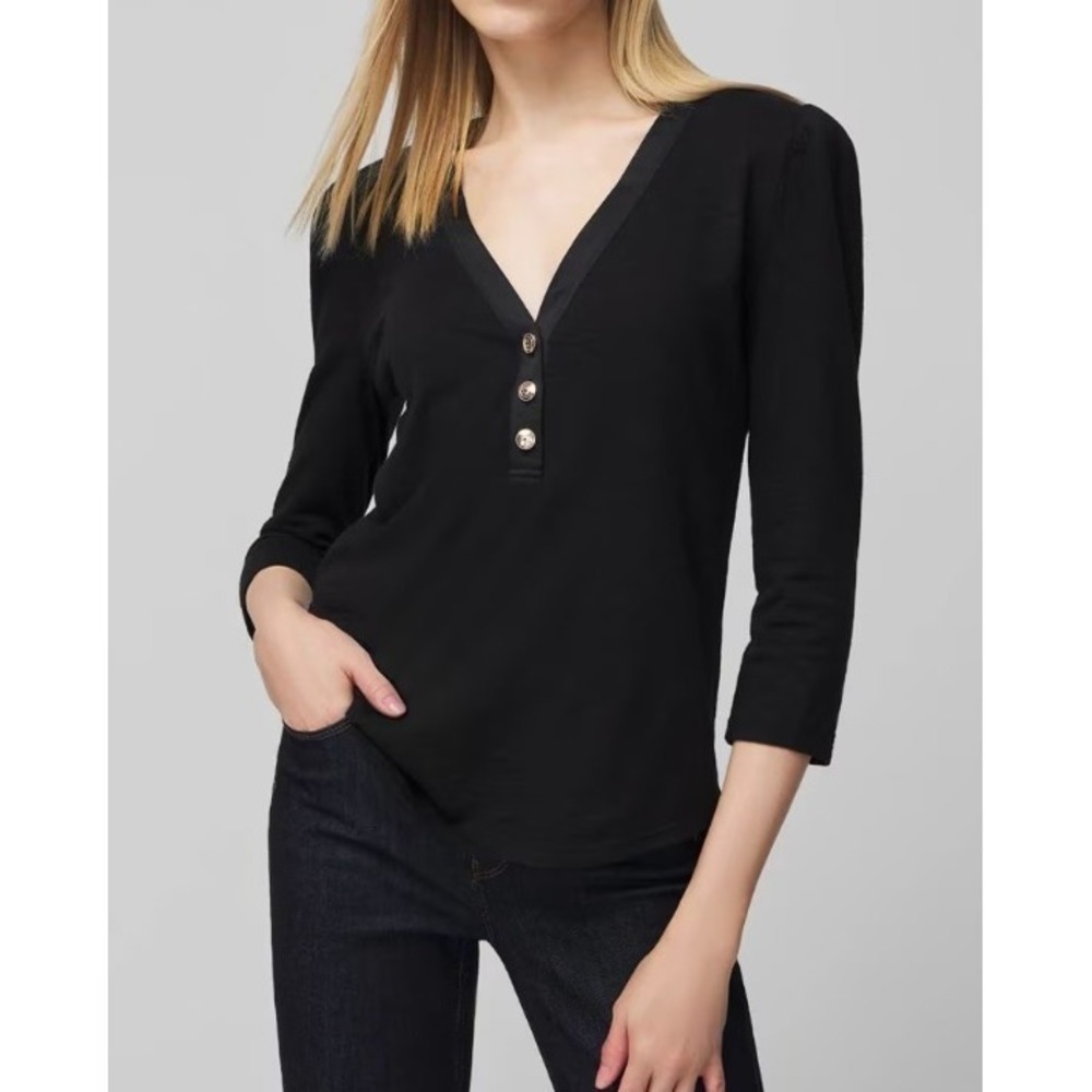 New White House Black Market Top Large Black 3/4 Sleeve Henley Stretch Preppy